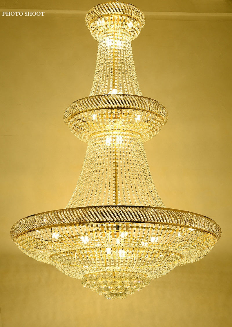 SparkAura Grand Luxury Crystal Chandelier – Gold Pendant Light for Staircase, Lobby & Hall (Dia100xH150cm, Warm LED Glow)