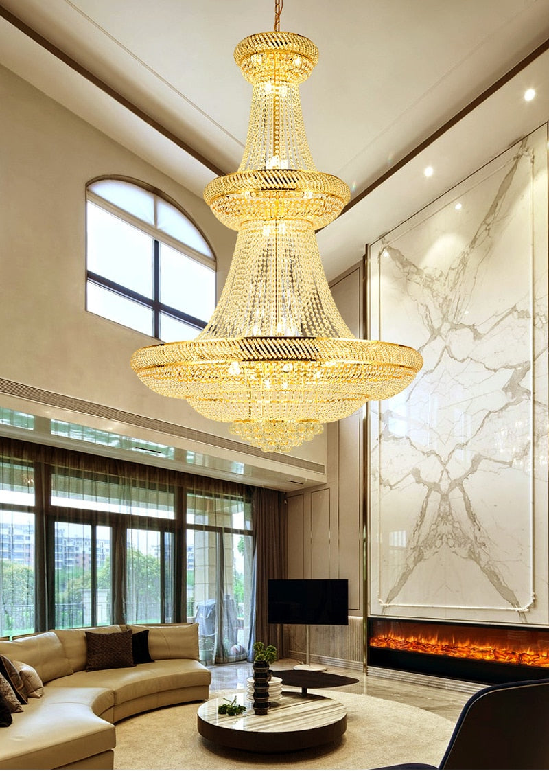 SparkAura Grand Luxury Crystal Chandelier – Gold Pendant Light for Staircase, Lobby & Hall (Dia100xH150cm, Warm LED Glow)