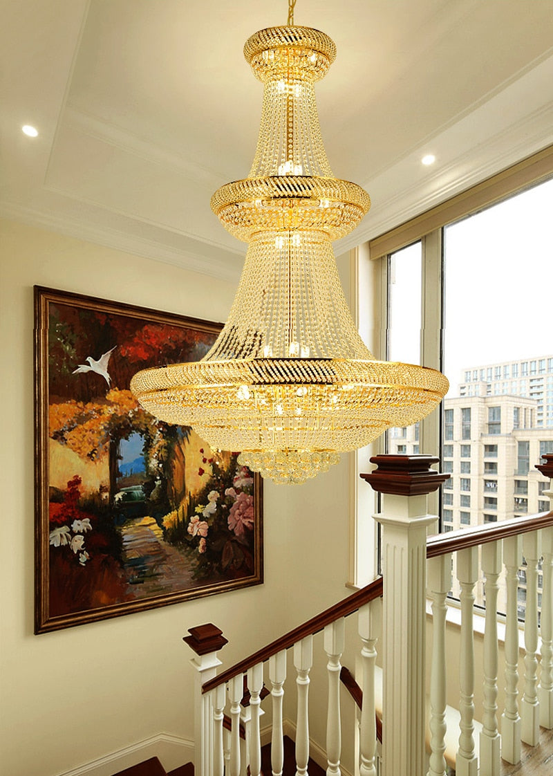 SparkAura Grand Luxury Crystal Chandelier – Gold Pendant Light for Staircase, Lobby & Hall (Dia100xH150cm, Warm LED Glow)