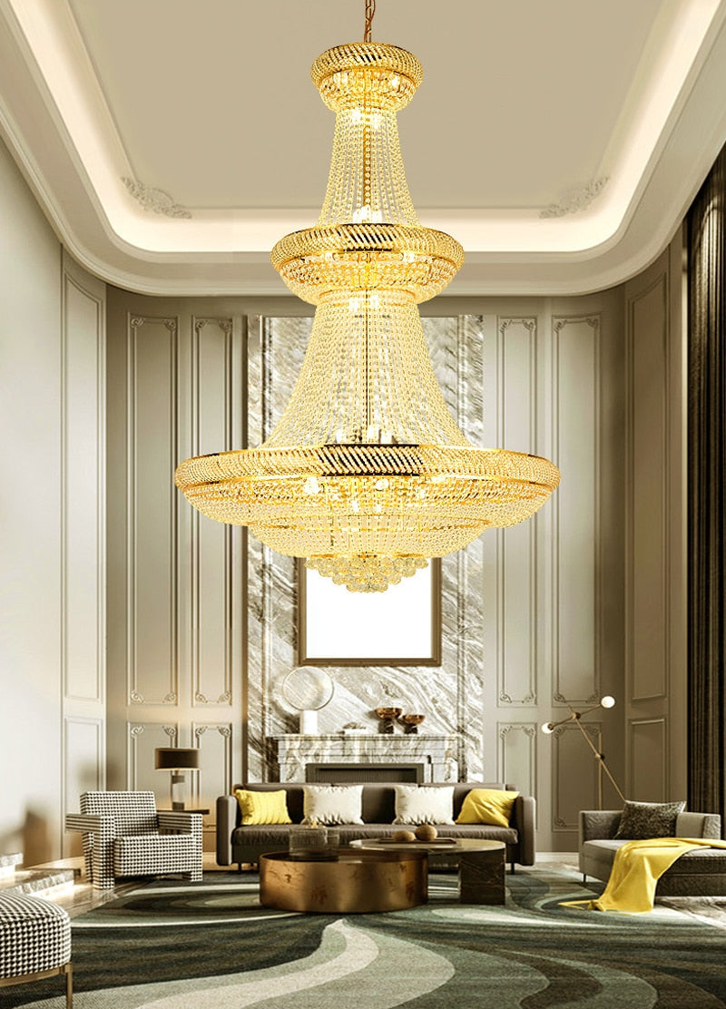 SparkAura Grand Luxury Crystal Chandelier – Gold Pendant Light for Staircase, Lobby & Hall (Dia100xH150cm, Warm LED Glow)