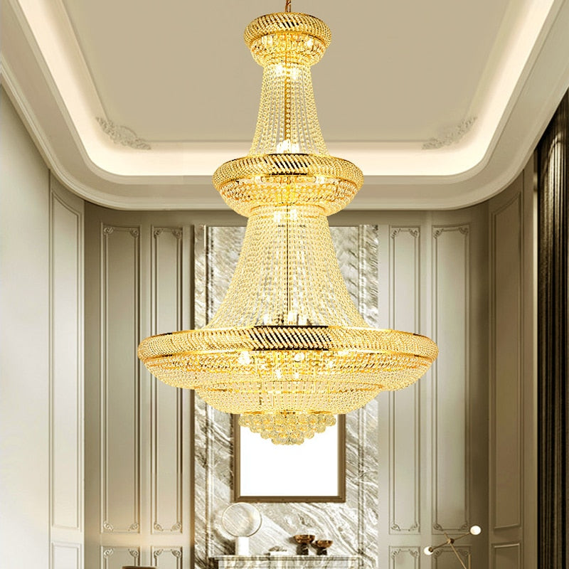SparkAura Grand Luxury Crystal Chandelier – Gold Pendant Light for Staircase, Lobby & Hall (Dia100xH150cm, Warm LED Glow)