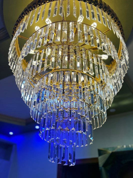 SparkAura 32-Inch Round Gold Crystal Chandelier – Luxury Iron Frame Pendant Light (40-Inch Height)