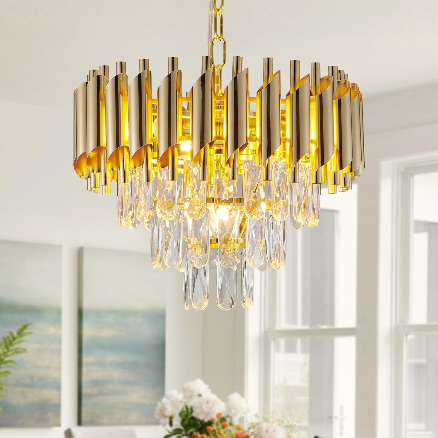 SparkAura Luxury Crystal Chandelier – Gold Round & Oval LED Pendant Ceiling Light | Flush Mount for Home, Hotels & Restaurants