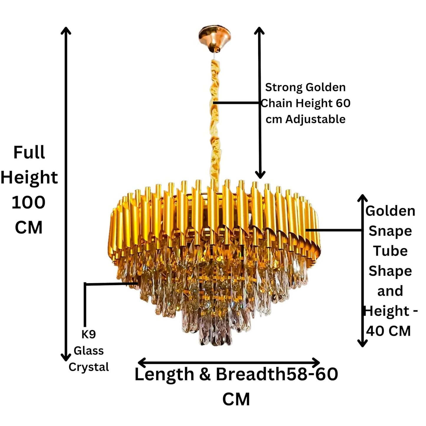 SparkAura Premium 5-Tier K9 Crystal Chandelier – 600MM Gold LED Ceiling Light for Living Room, Hall, Bedroom & Modern Home Décor