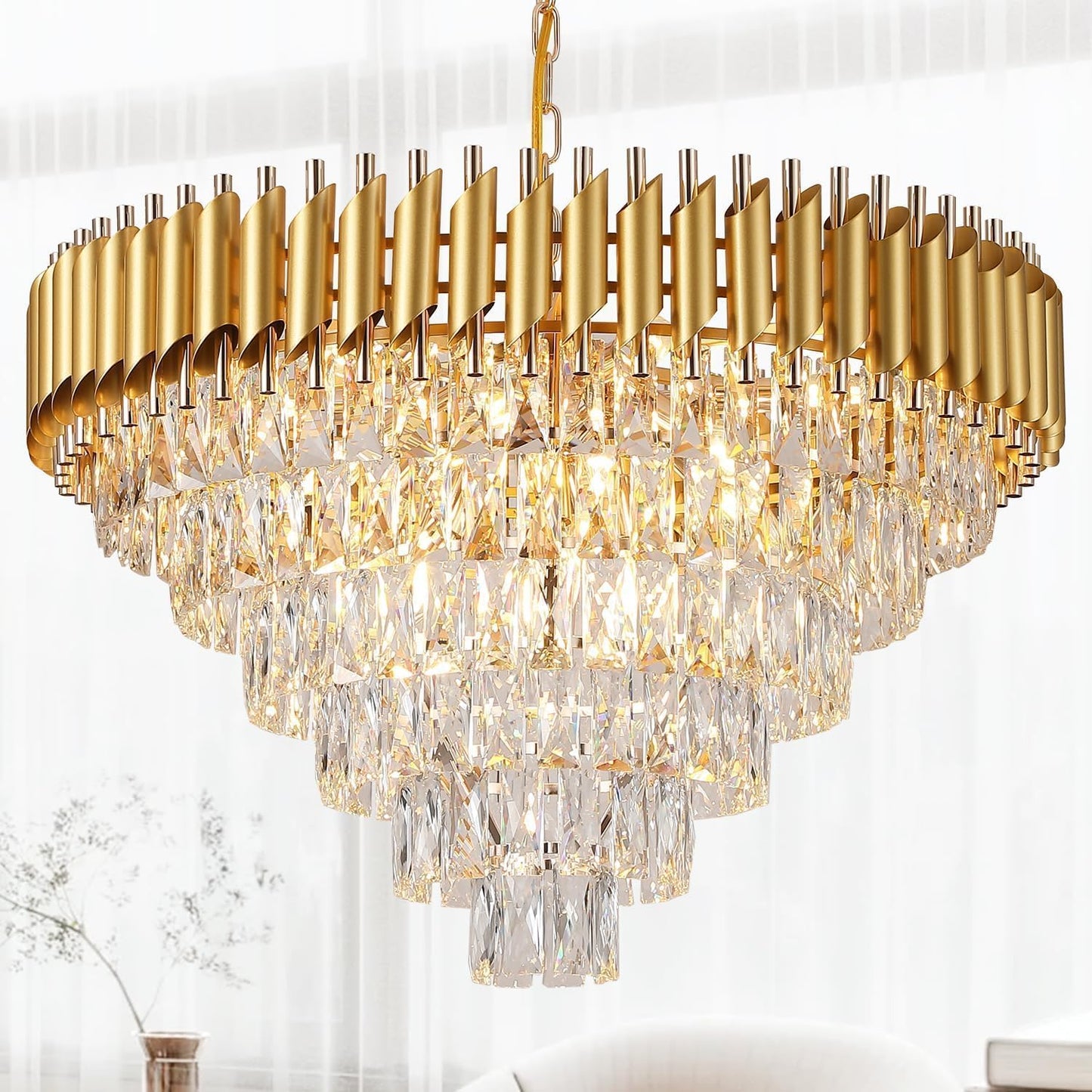 SparkAura Luxury Crystal Chandelier – Gold Round & Oval LED Pendant Ceiling Light | Flush Mount for Home, Hotels & Restaurants