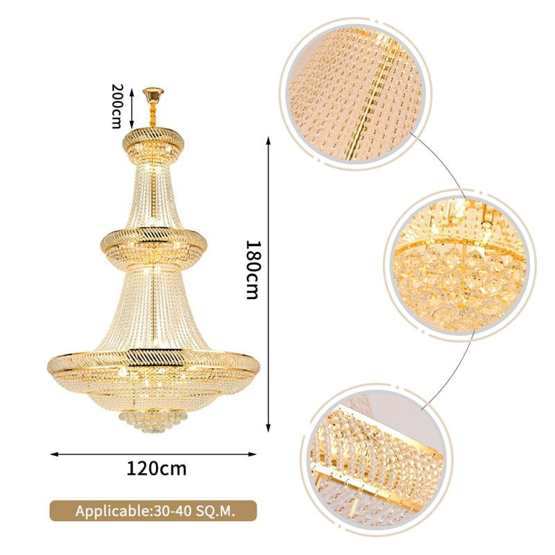 SparkAura Grand Luxury Crystal Chandelier – Gold Pendant Light for Staircase, Lobby & Hall (Dia100xH150cm, Warm LED Glow)
